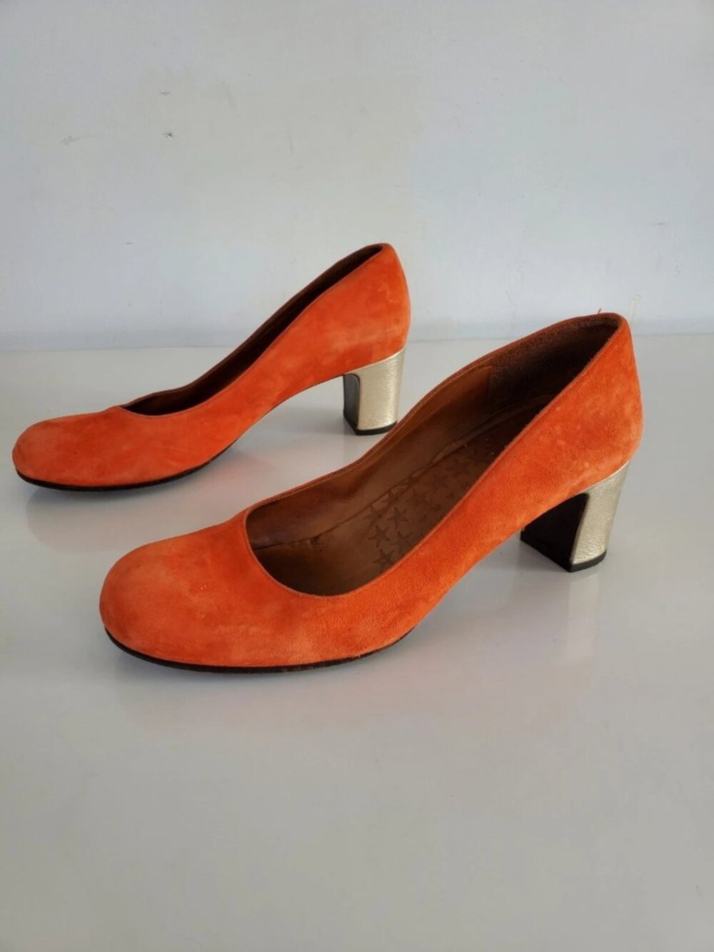 Chie Mihara Colorblock Orange Gold Suede Slip-On Pumps US 11